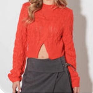 Crop Cable Knit Front Cut Out Long Sleeve Sweater